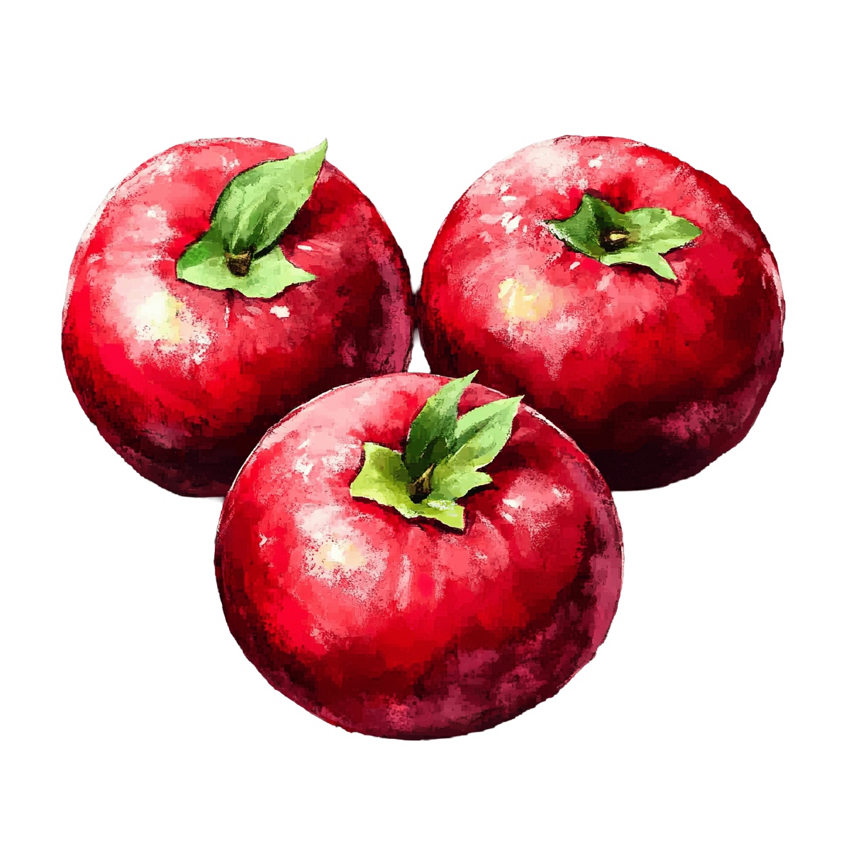 Three red apples with green leaves.