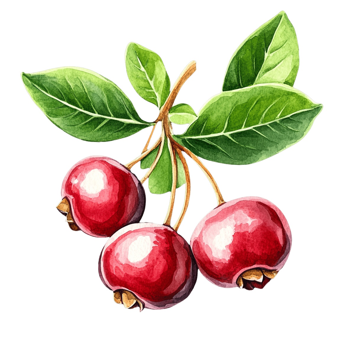 Red berries with green leaves on a branch in clipart style.