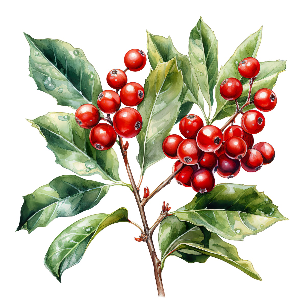 Illustration of a red berry branch with green leaves and water droplets.