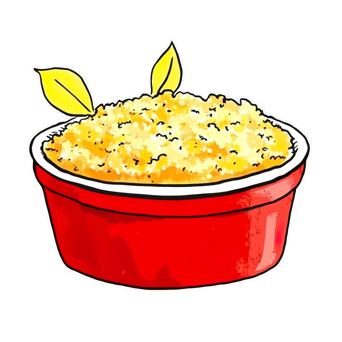 Red bowl with golden crumble dessert topped with decorative leaves.