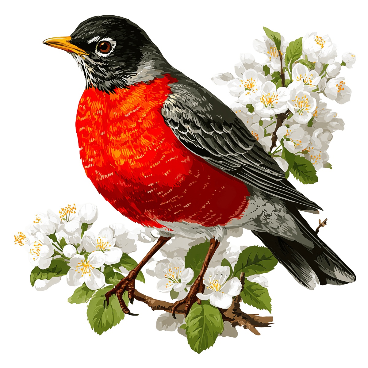Illustration of a bird with red breast on white flowers