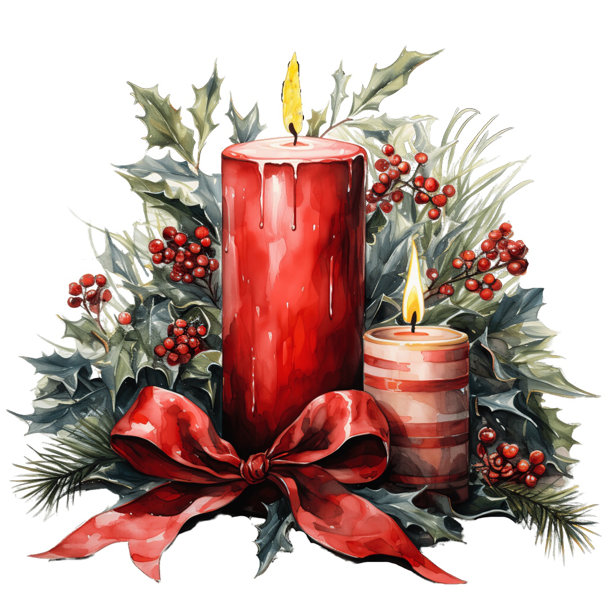 Red candles with holly leaves and berries, decorated with festive ribbon.