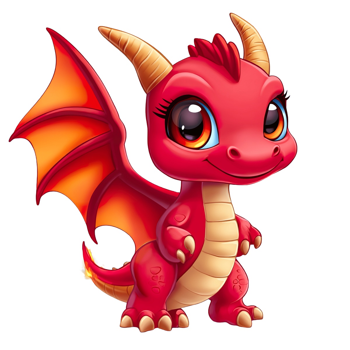 Red cartoon dragon with orange wings and horns, standing upright.