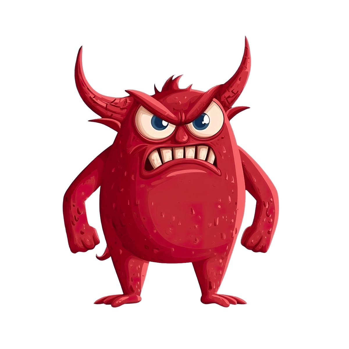 Red cartoon monster with horns and an angry expression on its face.