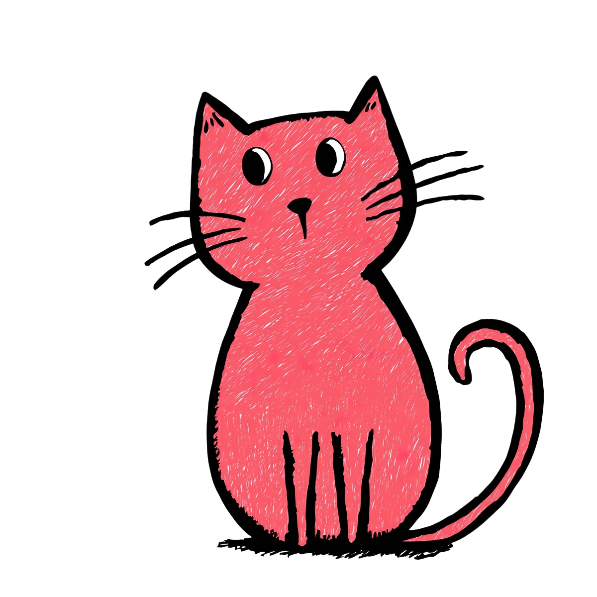 Red cat with rounded eyes, whiskers, and curled tail in a drawing.