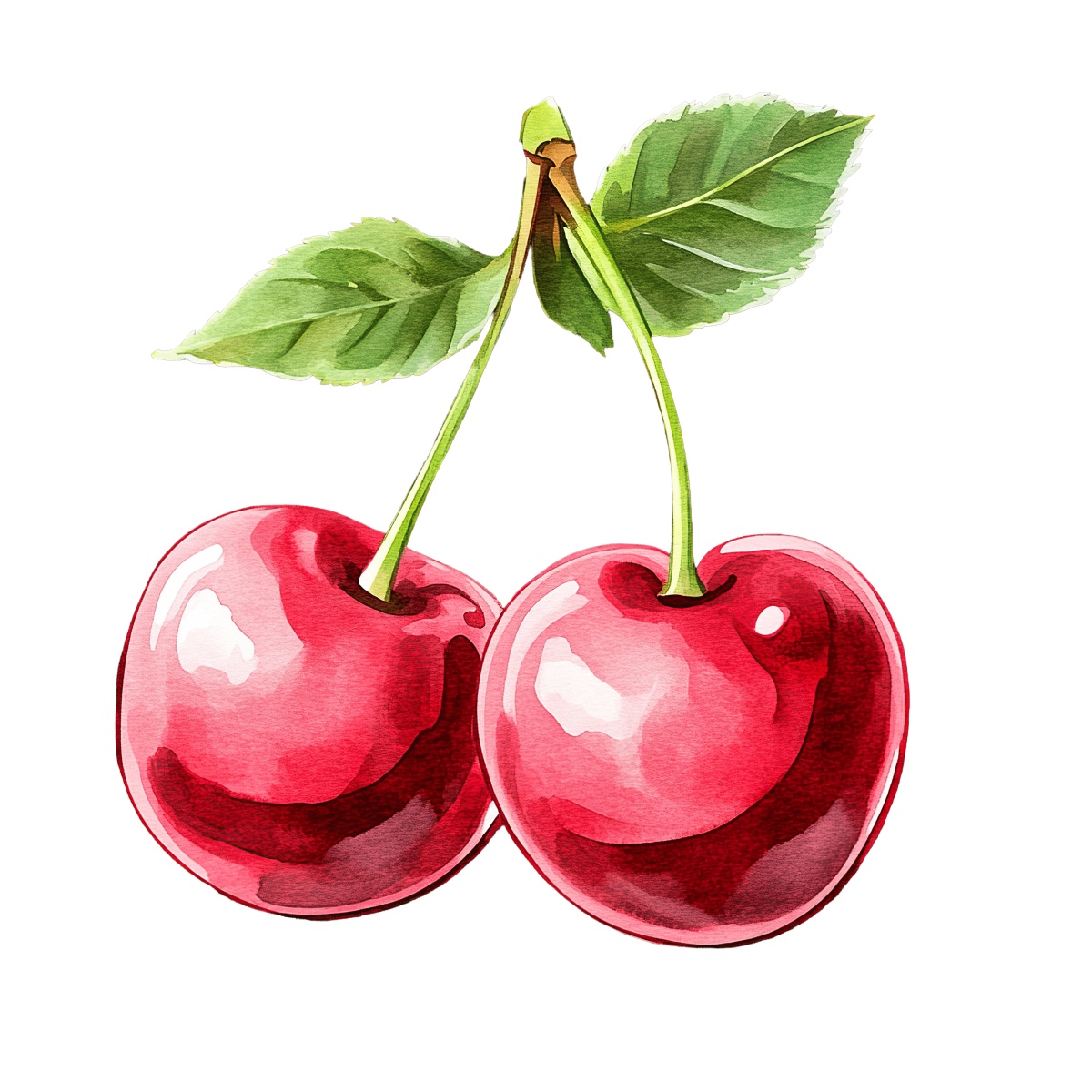 Two red cherries with green leaves.