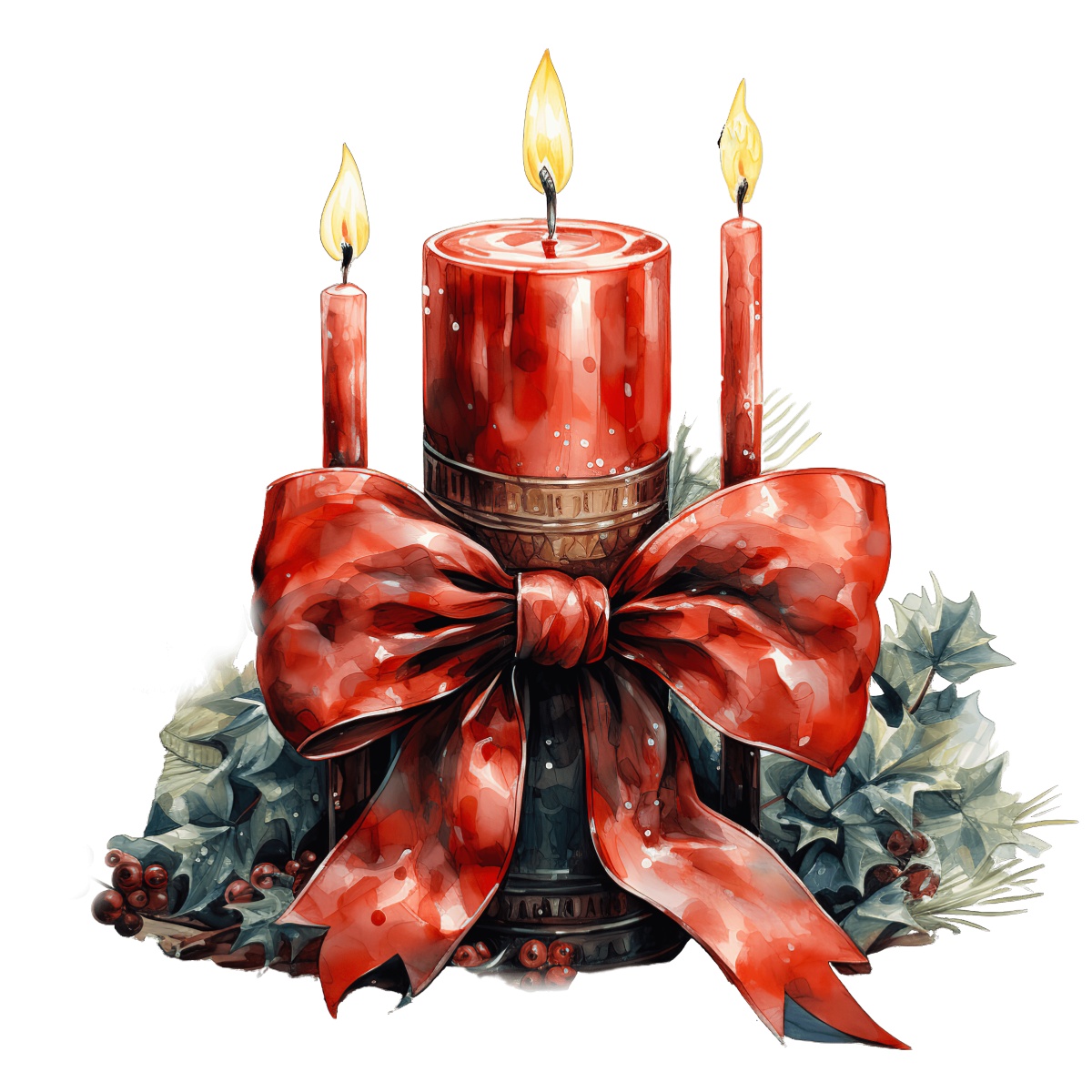 Red candles with holly and a decorative bow for Christmas celebrations.