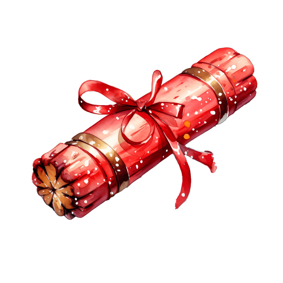 Red Christmas cracker with ribbon and gold accents, holiday decoration icon.