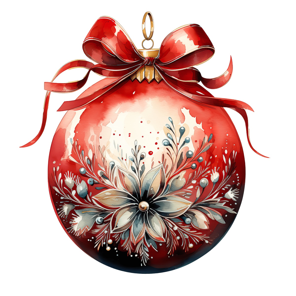 Red Christmas ornament with a floral design and decorative bow.