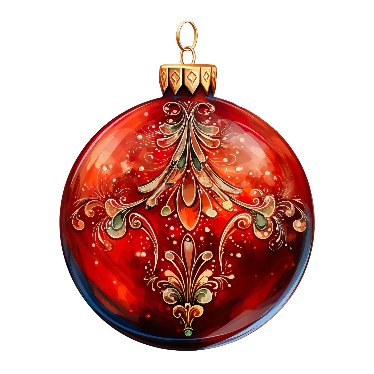 Red Christmas ornament with gold and green decorative patterns on black background.