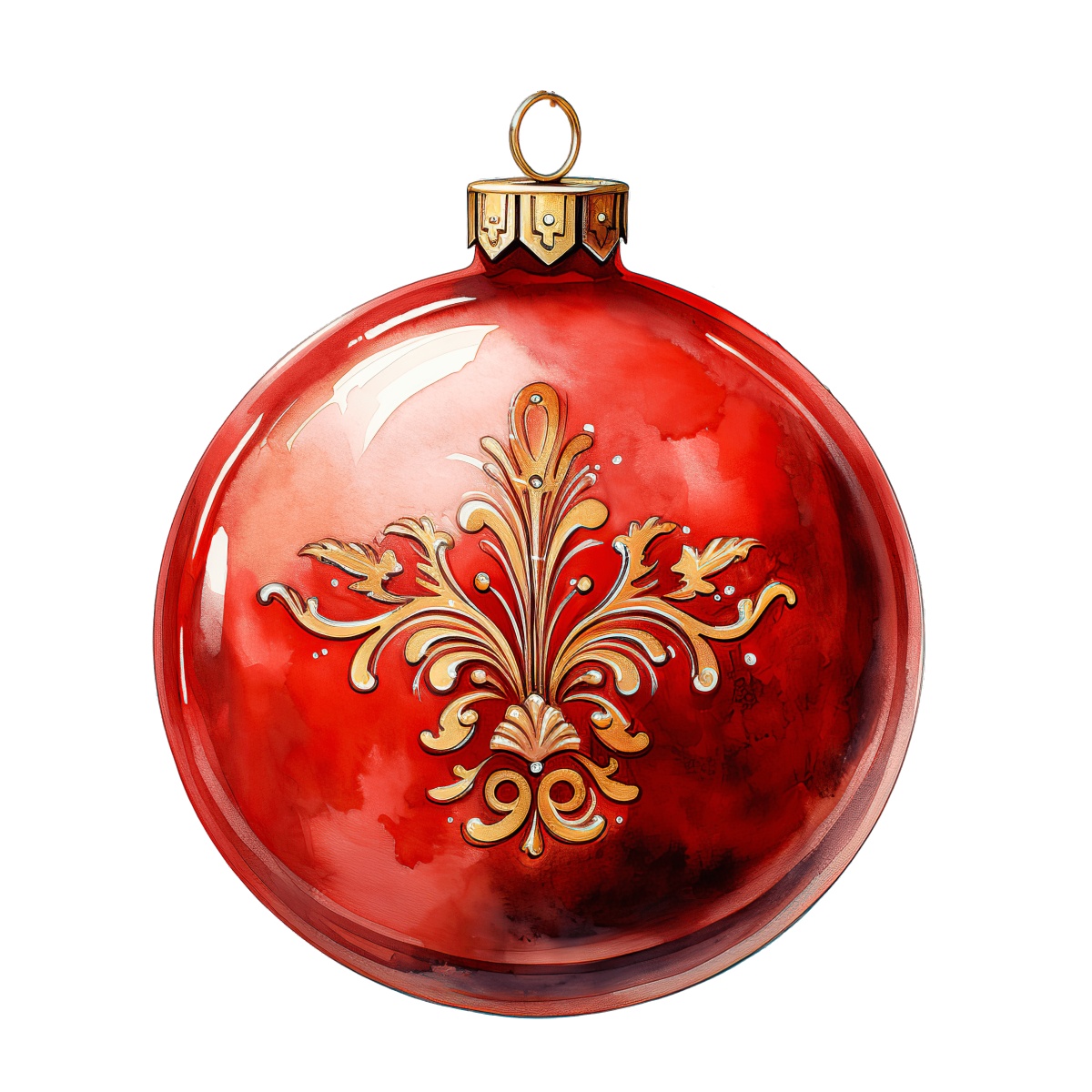 Red Christmas ornament with detailed gold pattern and hanging loop design.