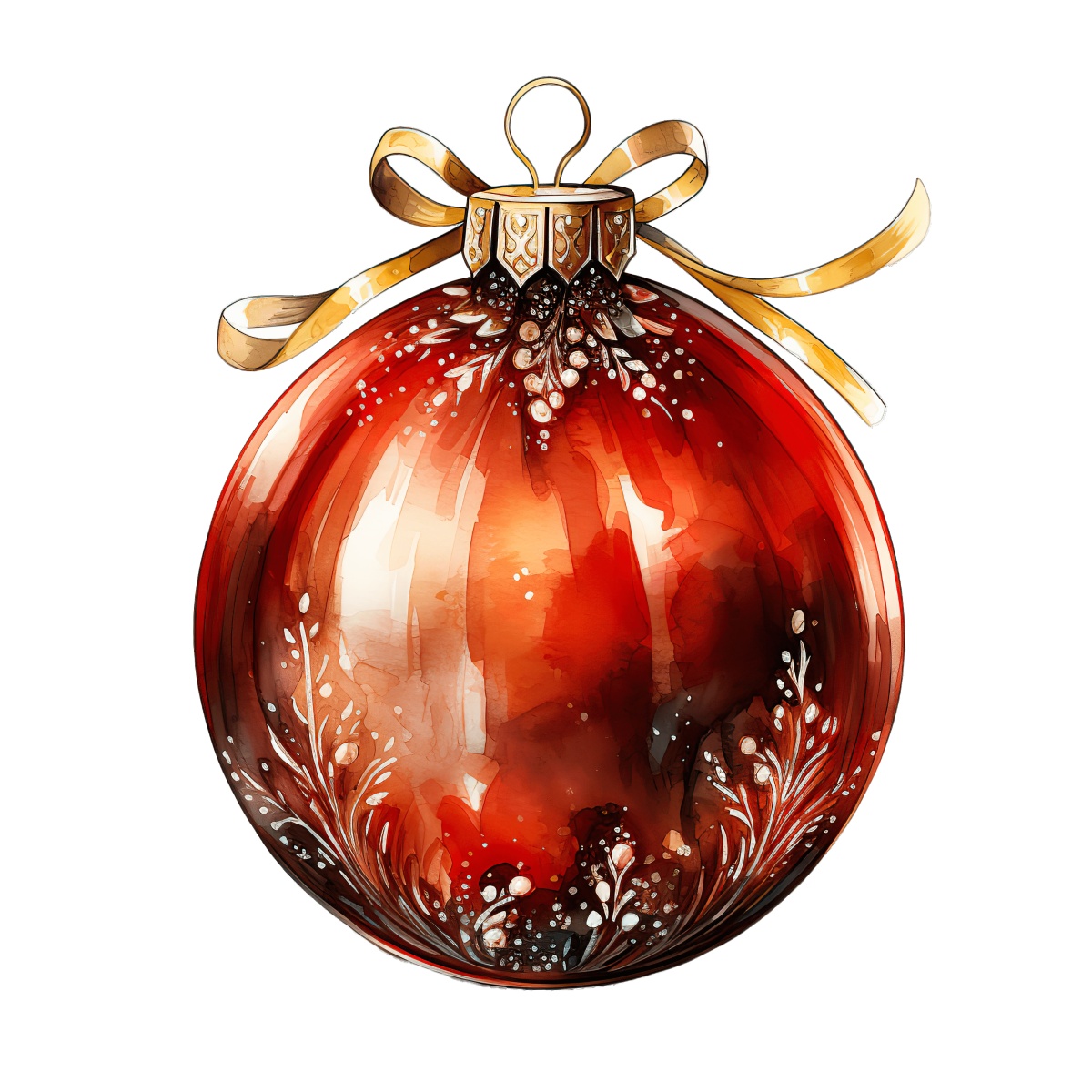 Red Christmas ornament with gold ribbon and white decorative patterns.