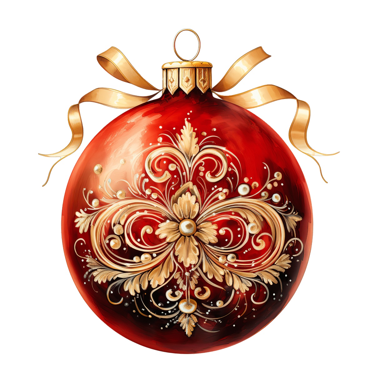 Red Christmas ornament with detailed golden patterns and ribbon on top.
