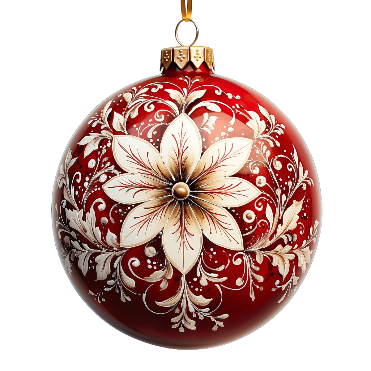 Red Christmas ornament adorned with gold floral patterns and design details.