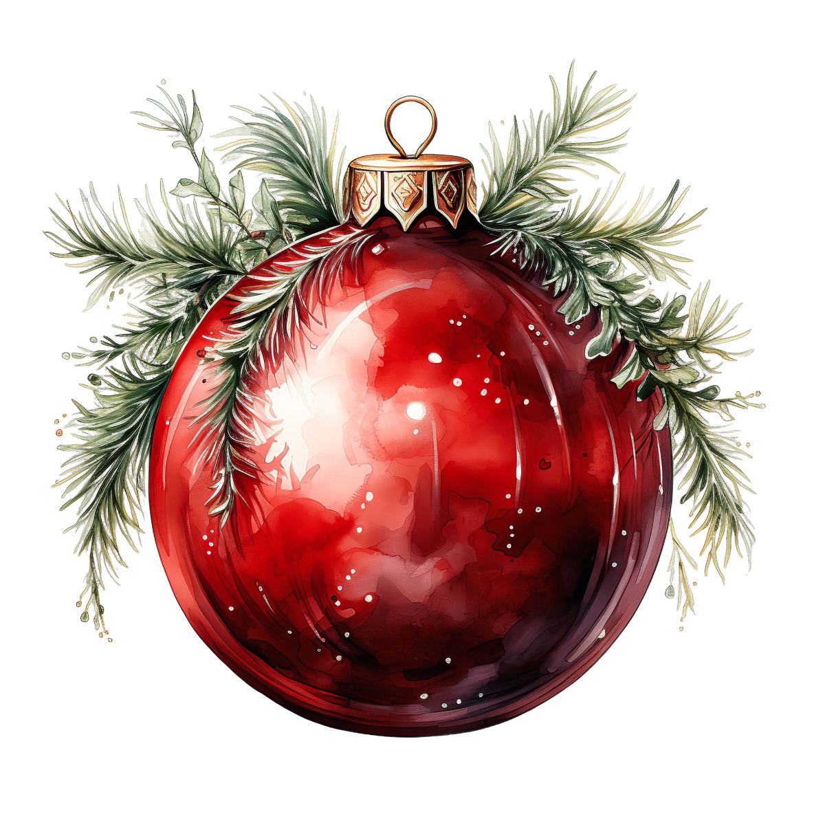 Red Christmas ornament decorated with pine branches and shiny reflections.