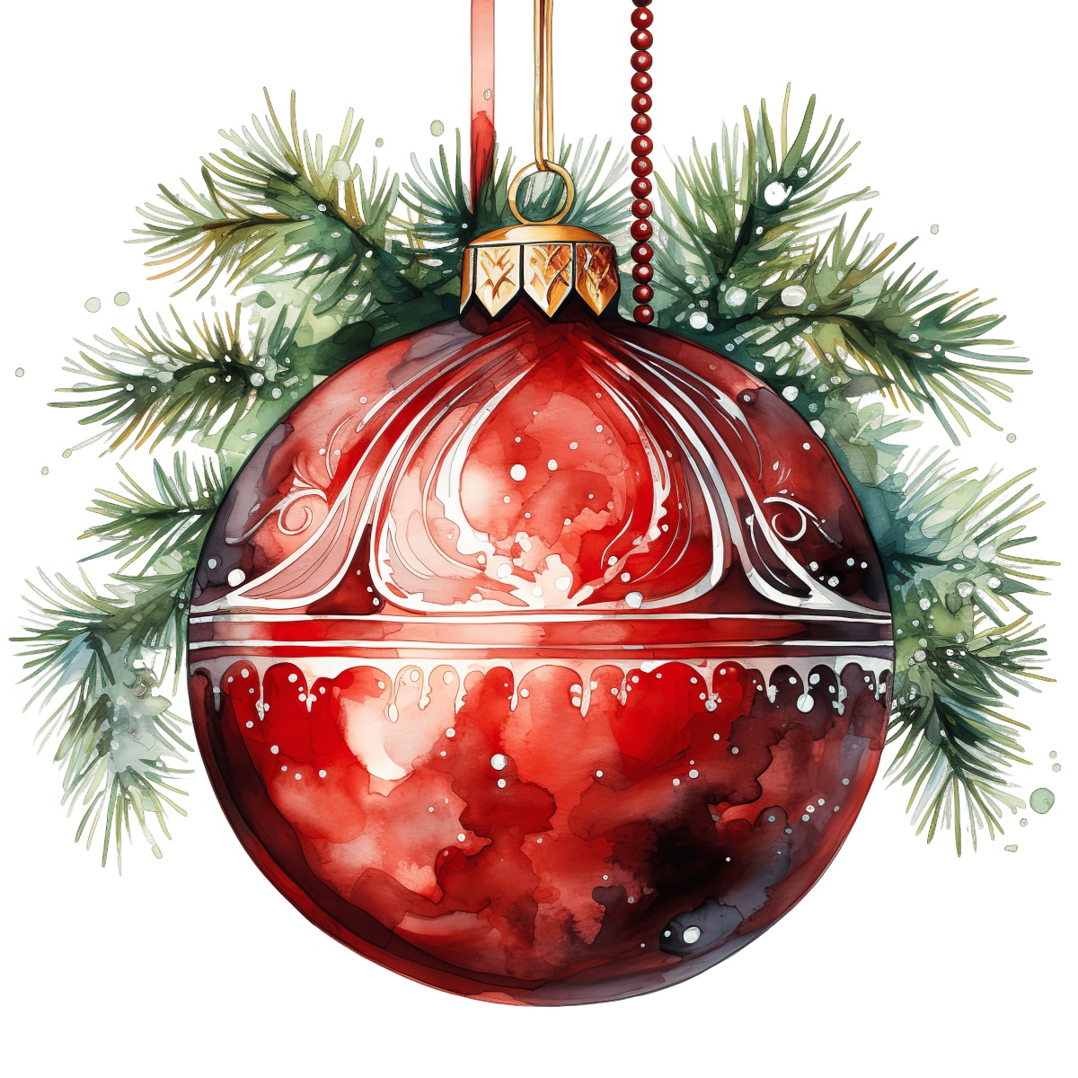 Red Christmas ornament with white designs hanging among green pine branches.