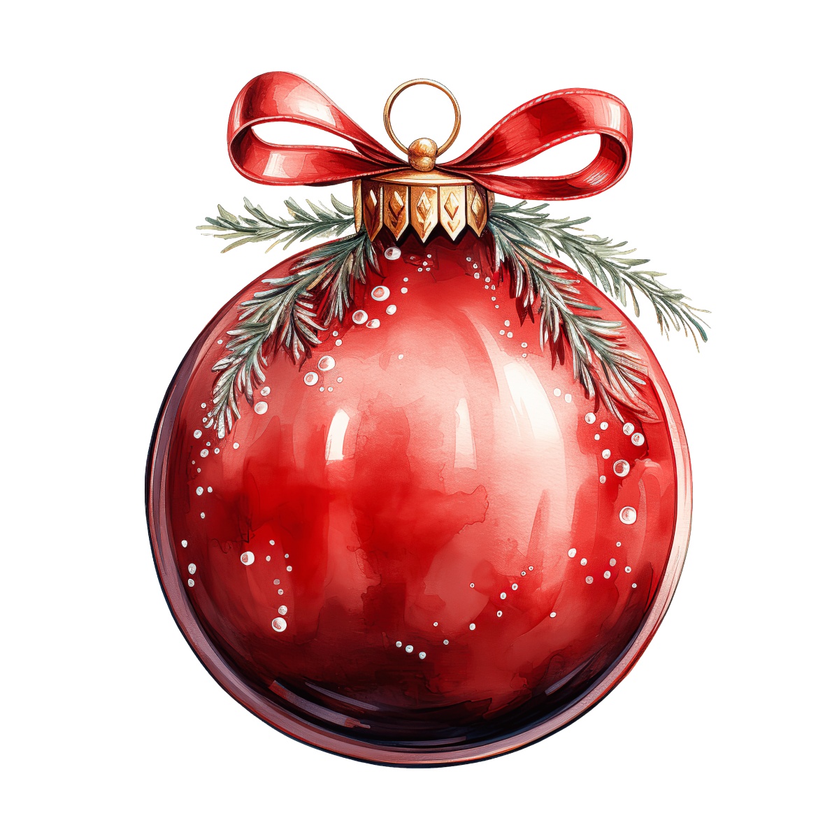 Red Christmas ornament with ribbon and evergreen branch on a black surface.