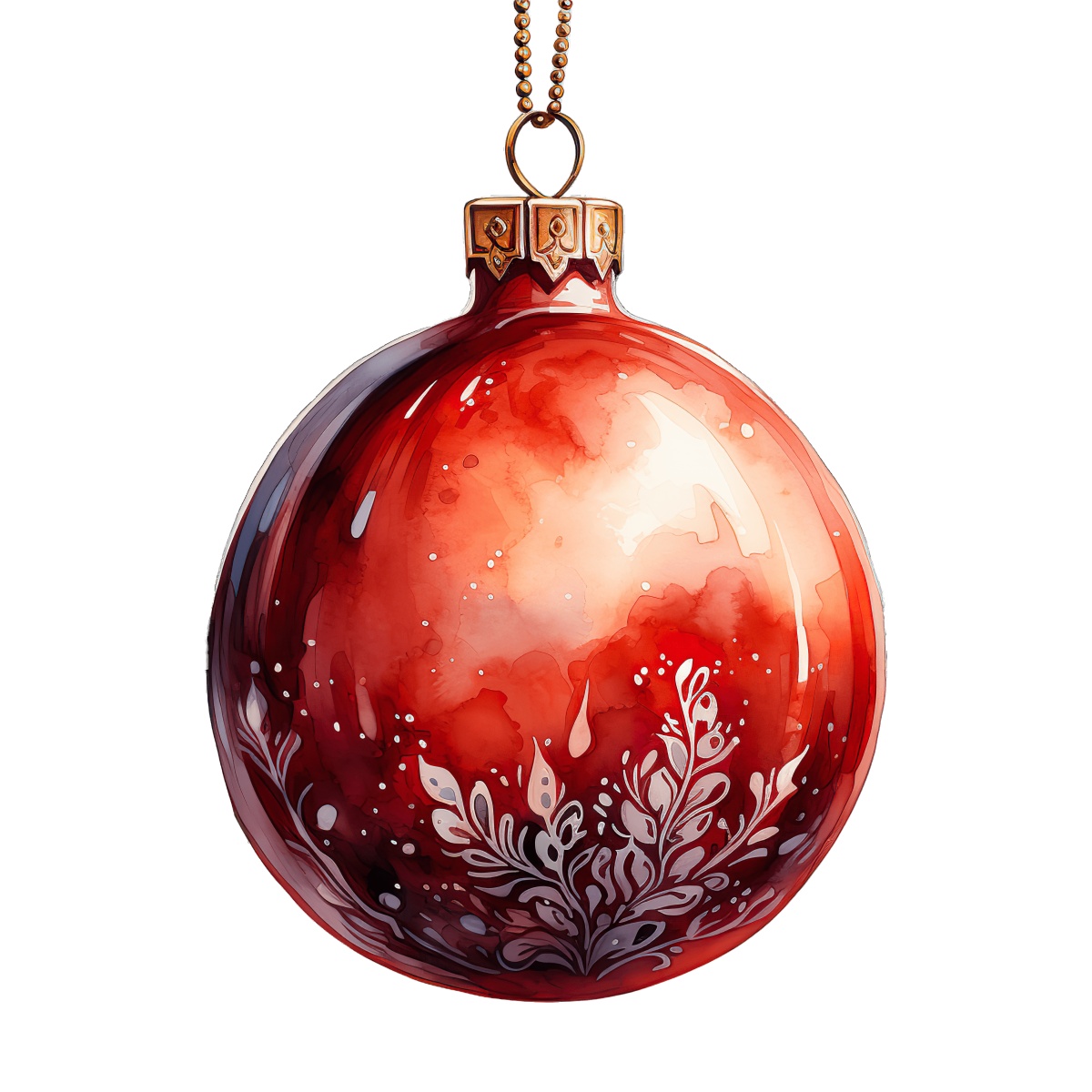 Red Christmas ornament featuring white floral designs and gold hanging loop.