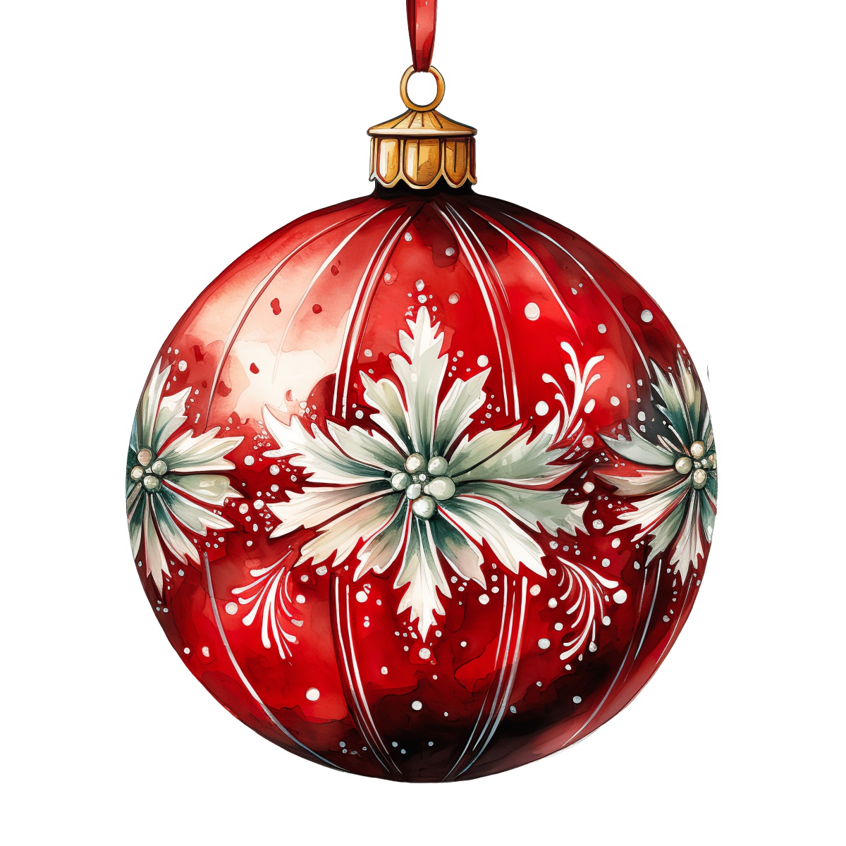 Red Christmas ornament with ornate white floral patterns and a gold cap.