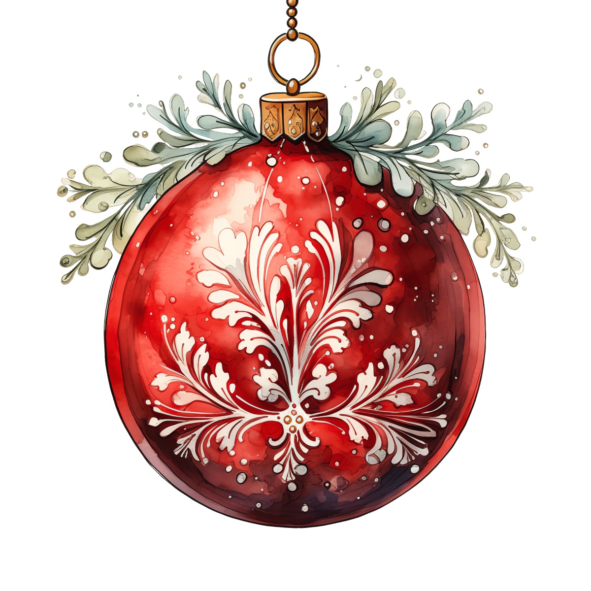 Red Christmas ornament featuring white floral patterns and surrounding greenery design.