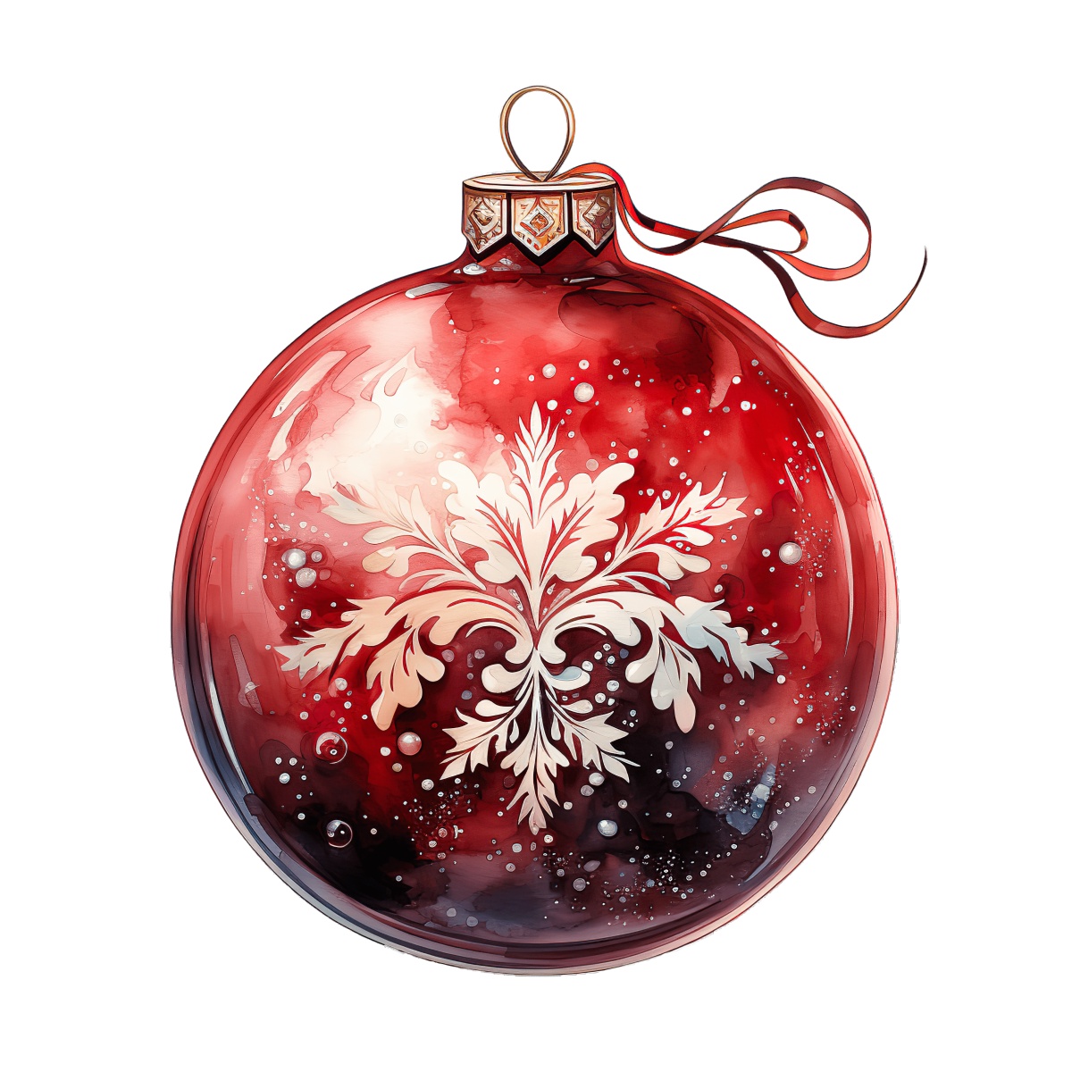 Red Christmas bauble with white snowflake design and ribbon detail.