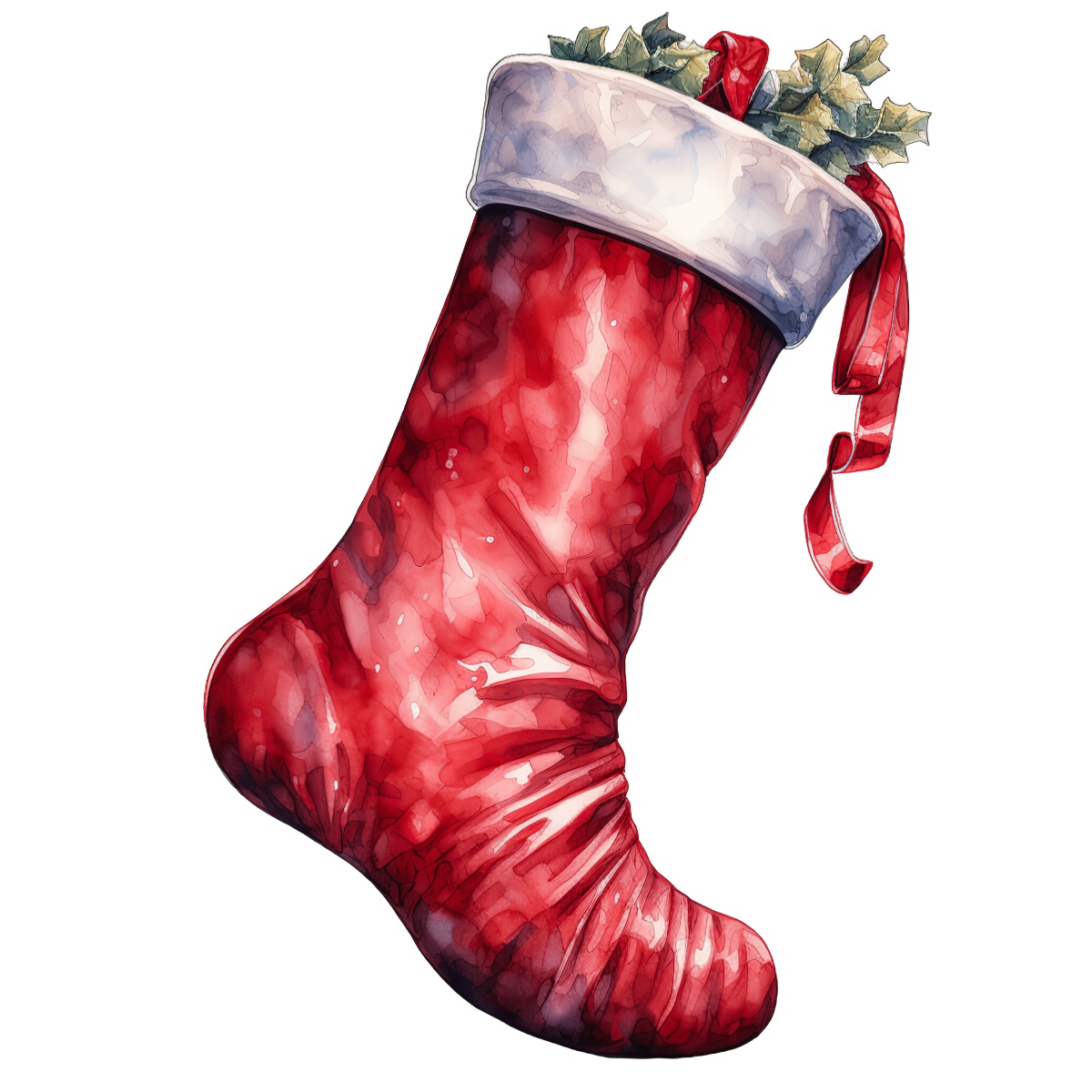 Red Christmas stocking with white trim and holly leaves on top.