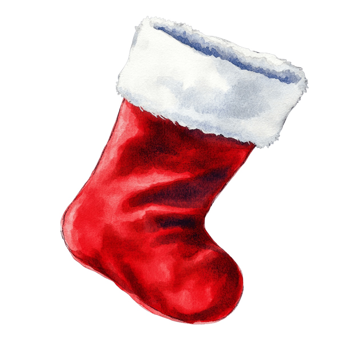 Red Christmas stocking with a white fuzzy trim in watercolor style.
