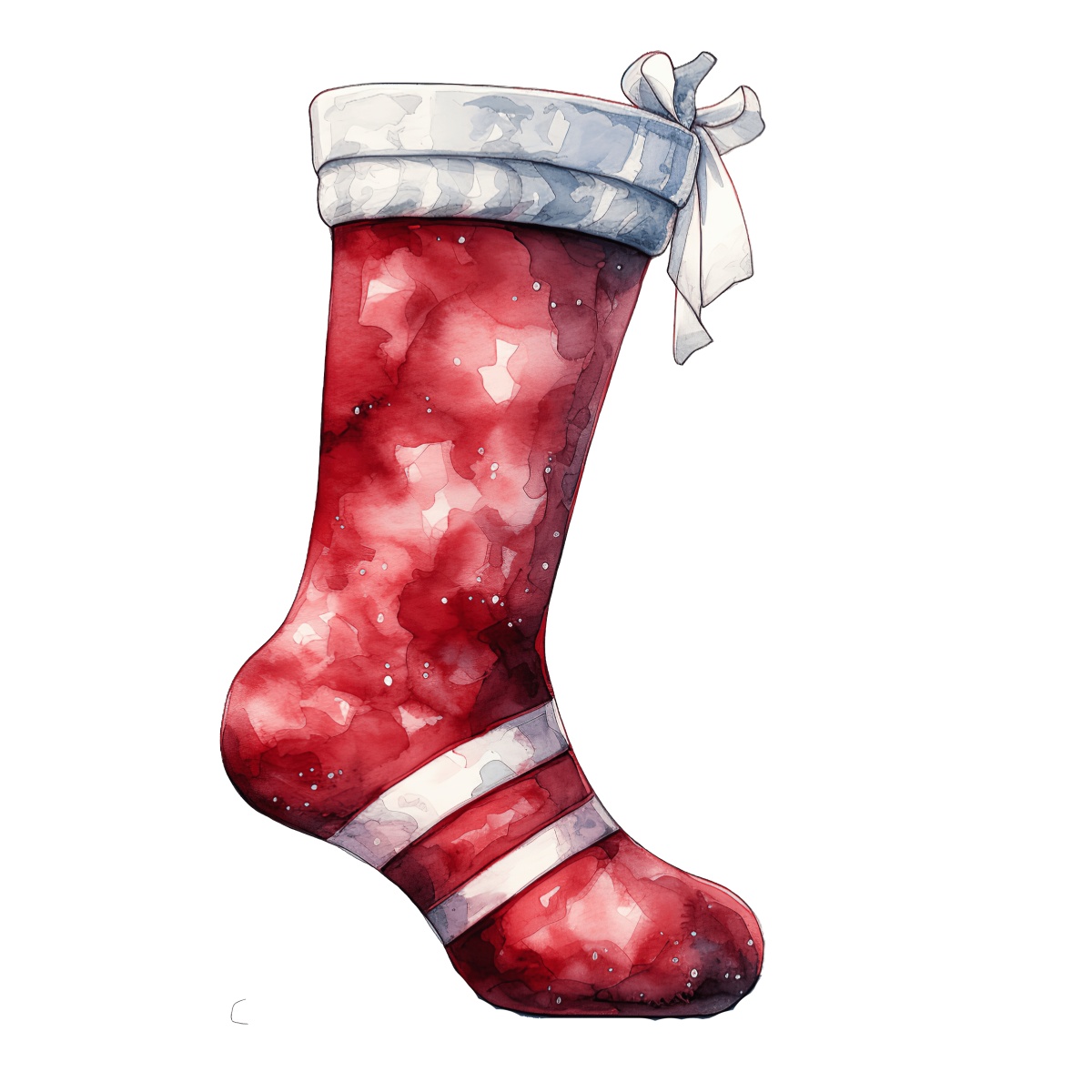 Red Christmas stocking with white top and decorative bow illustration.