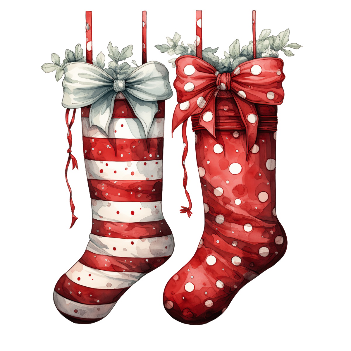Red Christmas stockings with bows, featuring polka dots and stripes design.