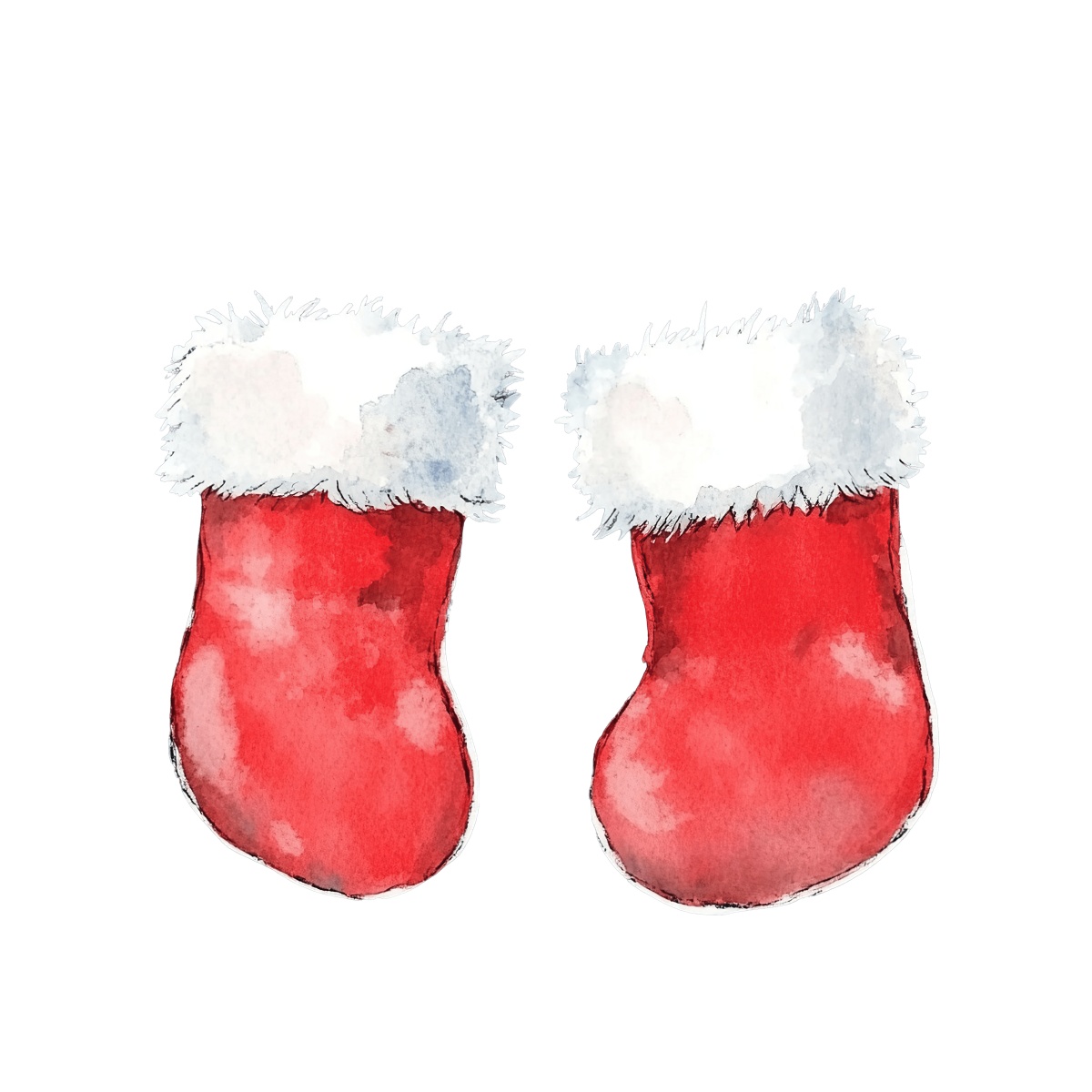 Two watercolor-style red Christmas stockings with white fluffy trim.