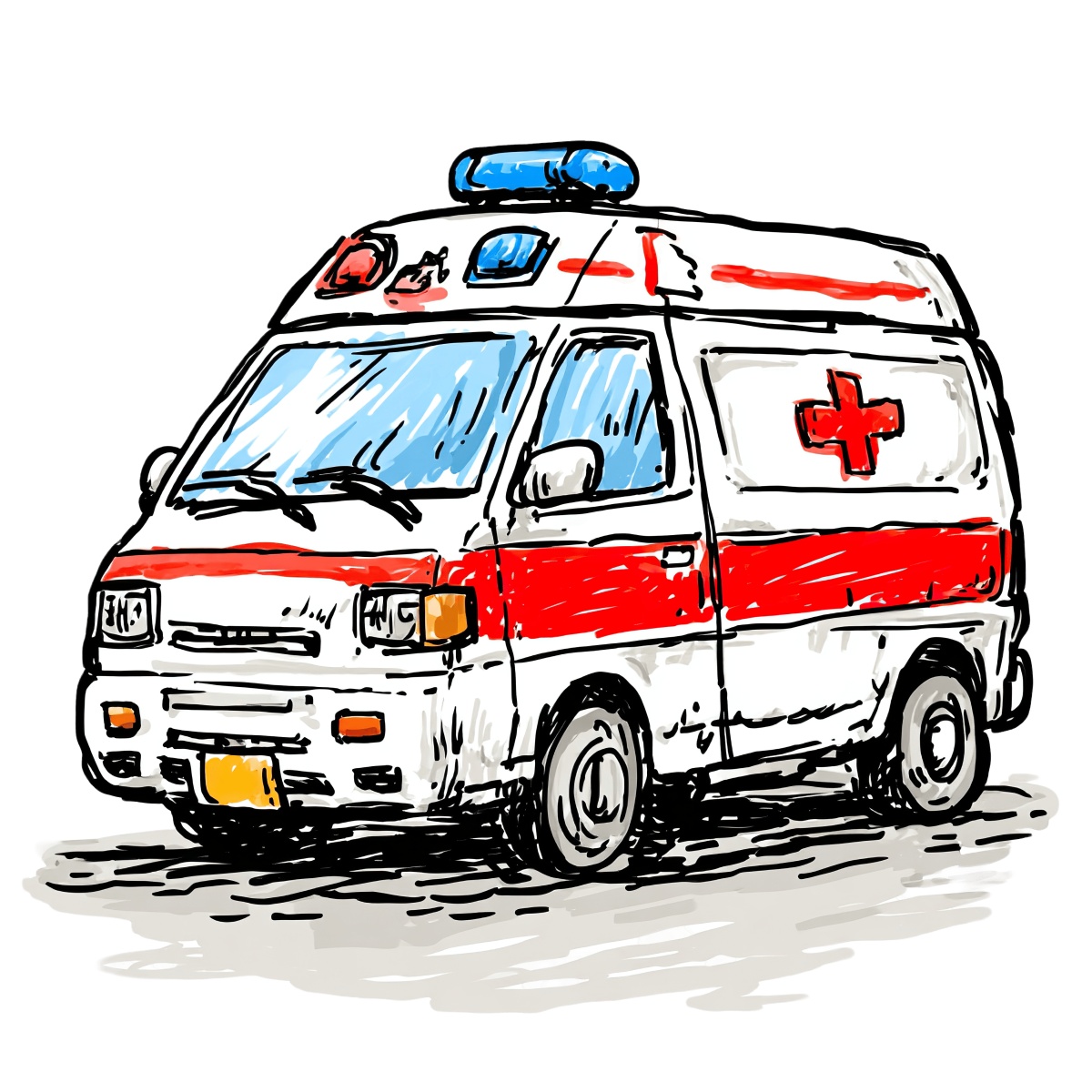 Hand-drawn red cross ambulance with blue lights