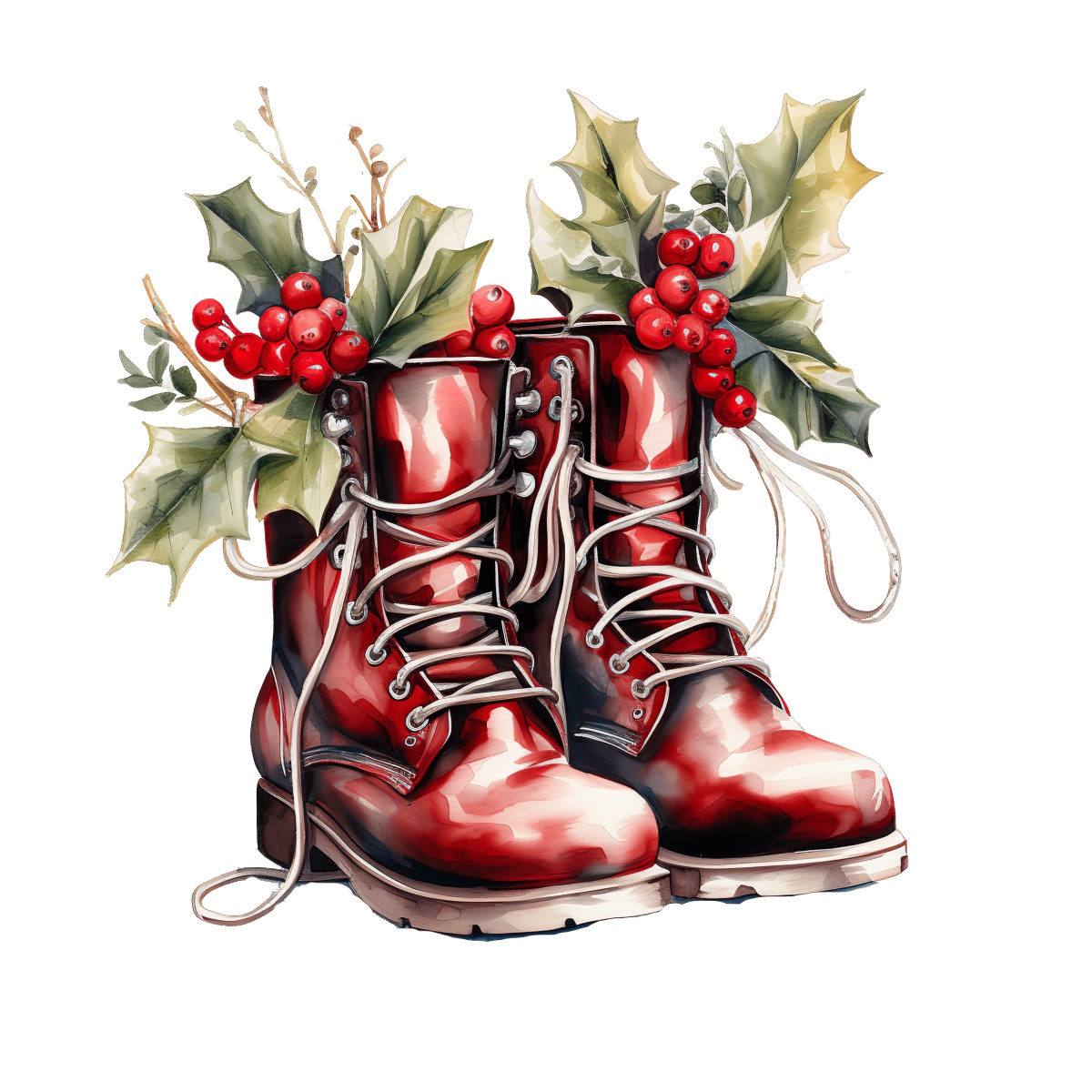 Red festive boots decorated with green holly leaves and red berries.