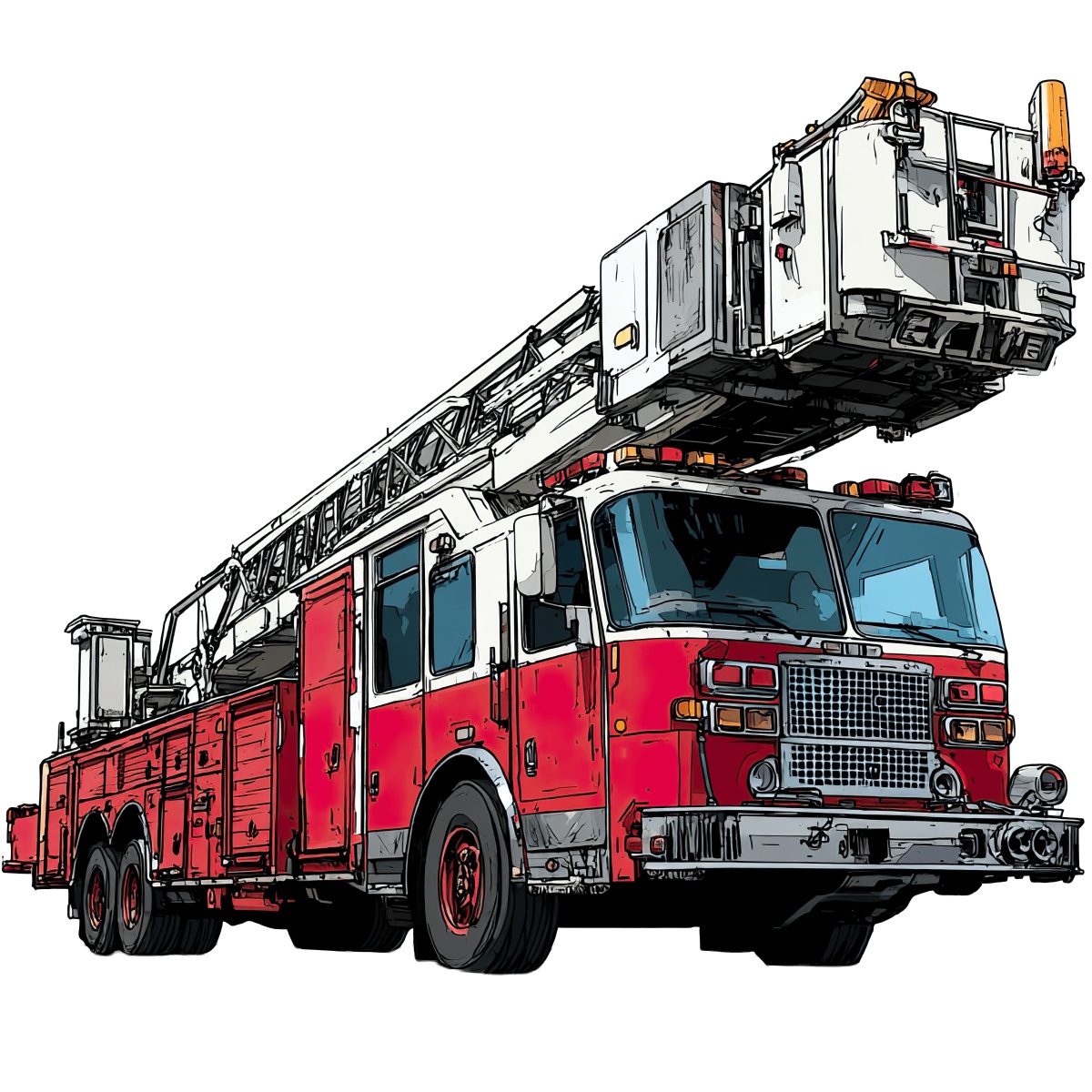 Red fire truck with extended aerial ladder