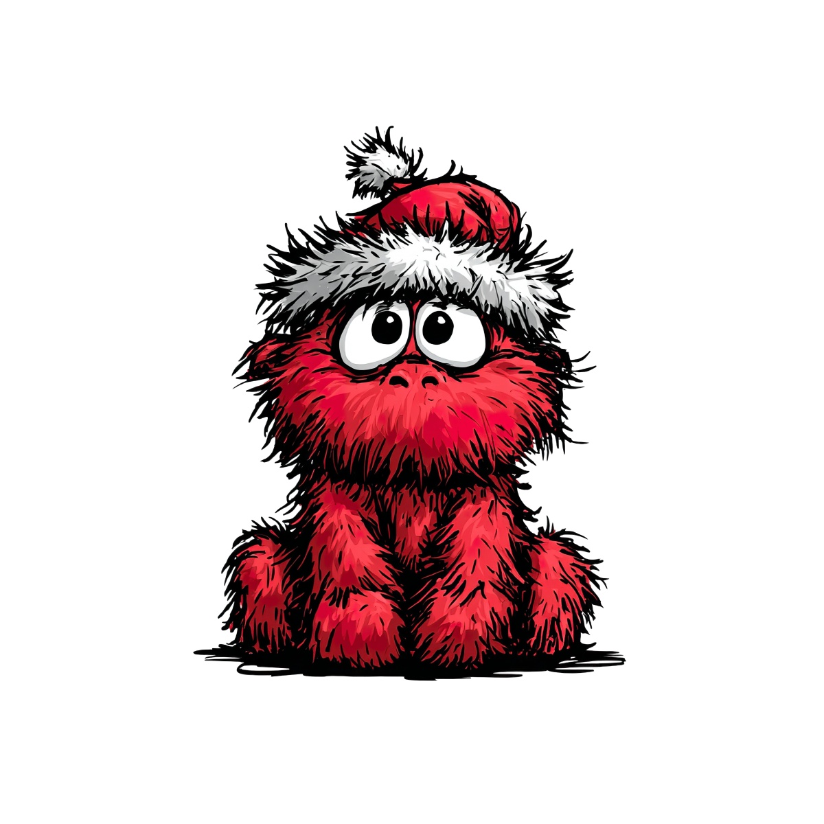 Red furry creature with big eyes and a Santa hat in vector style.