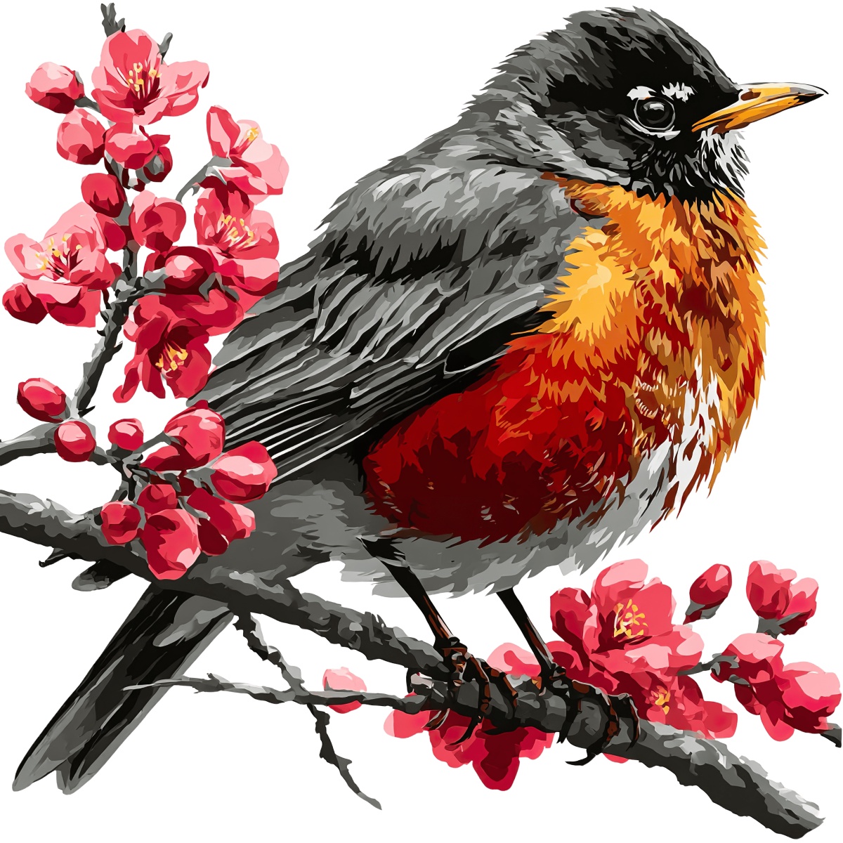 Red and gray bird perched on branch with pink blossoms