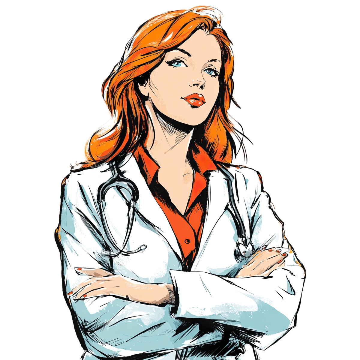 Cartoon character with red hair and stethoscope