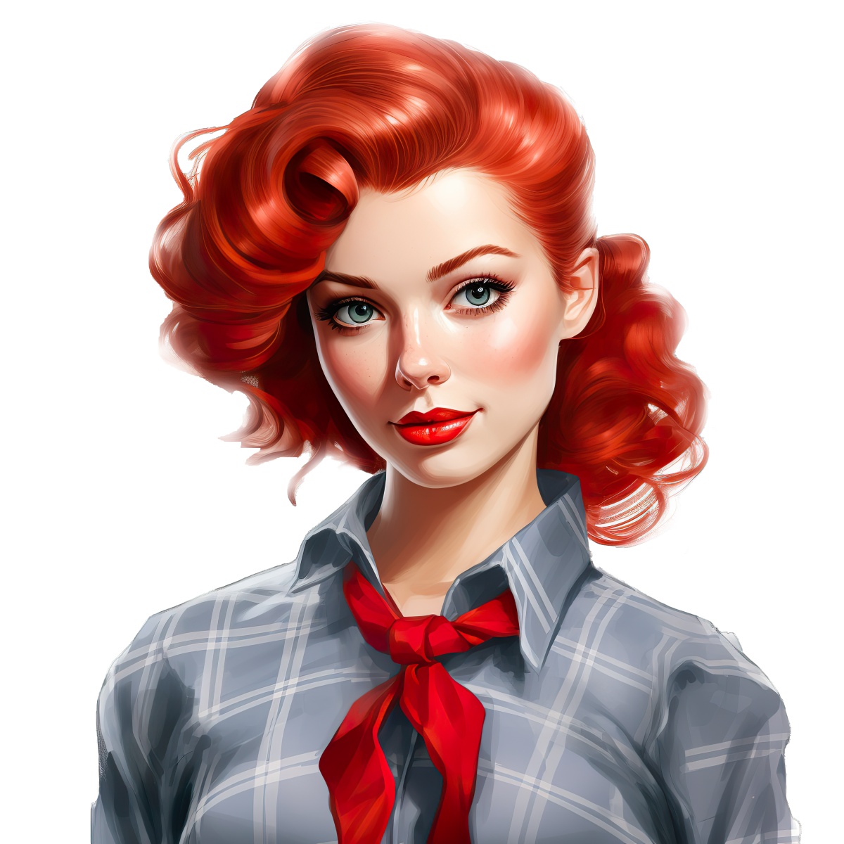 Red-haired woman with styled hair, wearing a plaid blouse and red scarf.