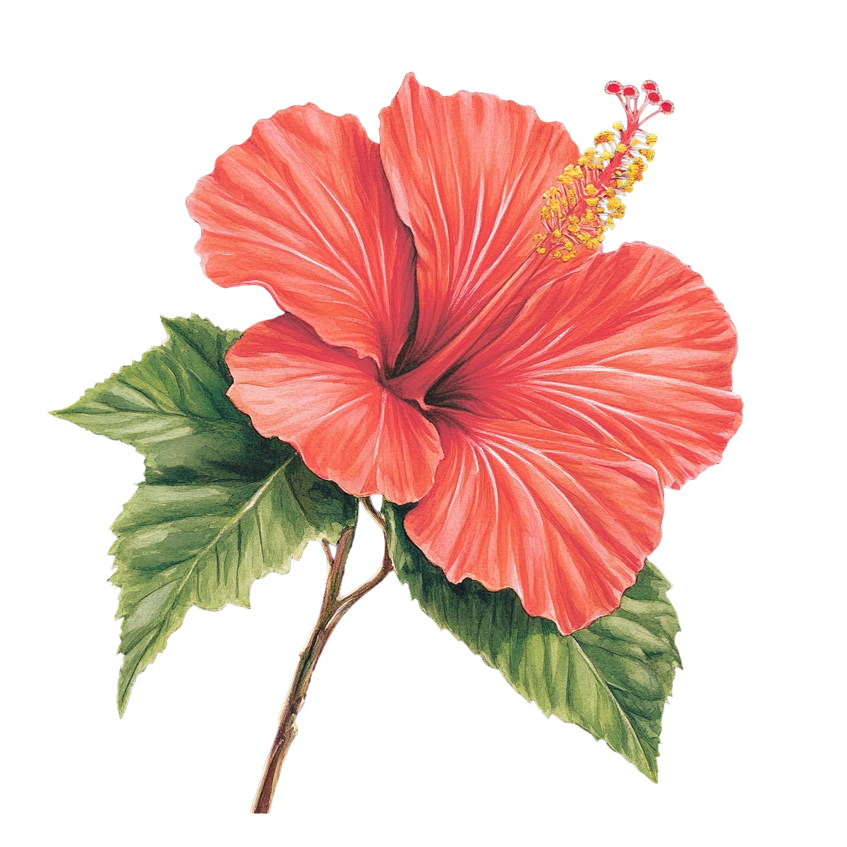 Red hibiscus flower with green leaves and detailed petals.