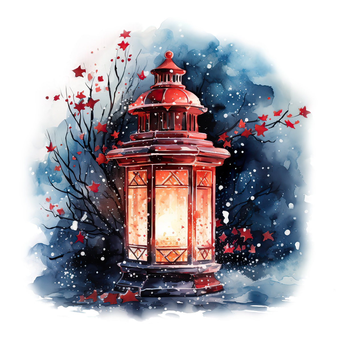 Red lantern glowing in snowy winter setting with branches and red leaves.