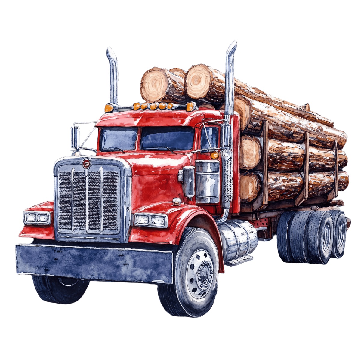 Illustration of a red logging truck carrying timber logs on a black background.