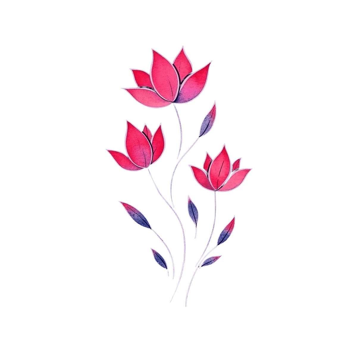 Red lotus flowers with stems and leaves on a black background.