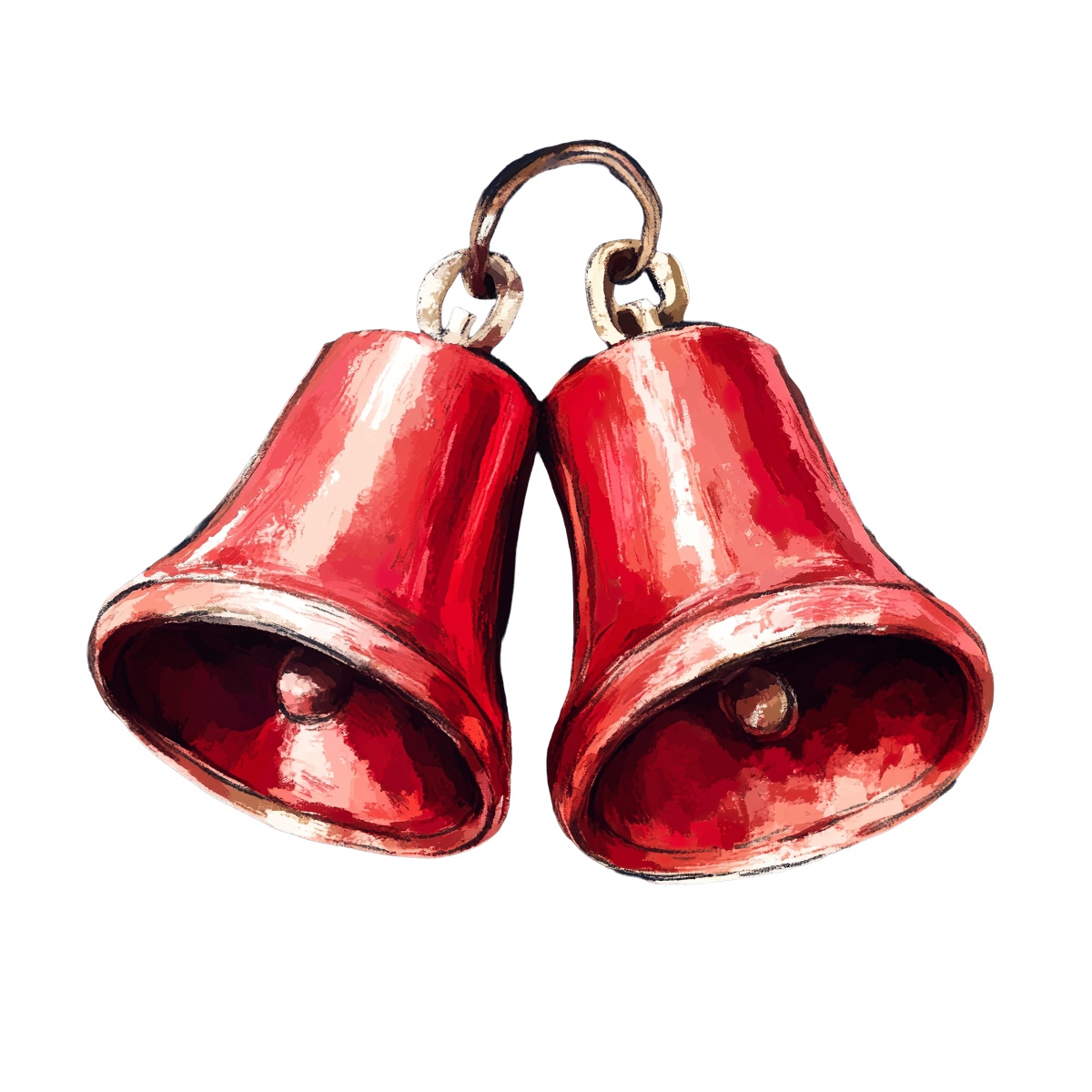 Red metal bells connected by a loop on a dark background.