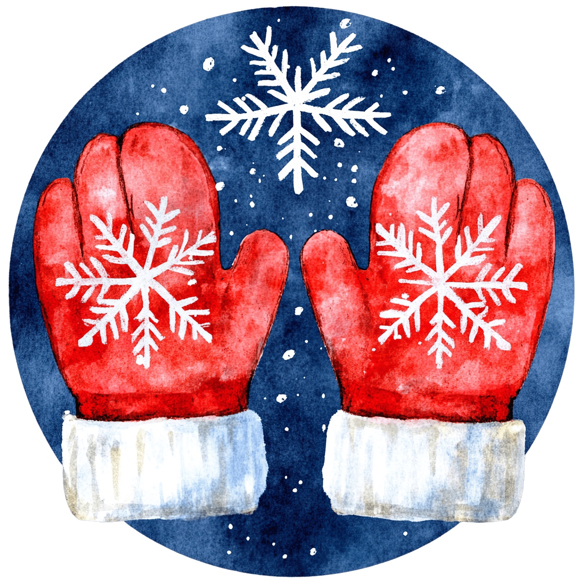 Red mittens with white snowflake design surrounded by falling snowflakes.