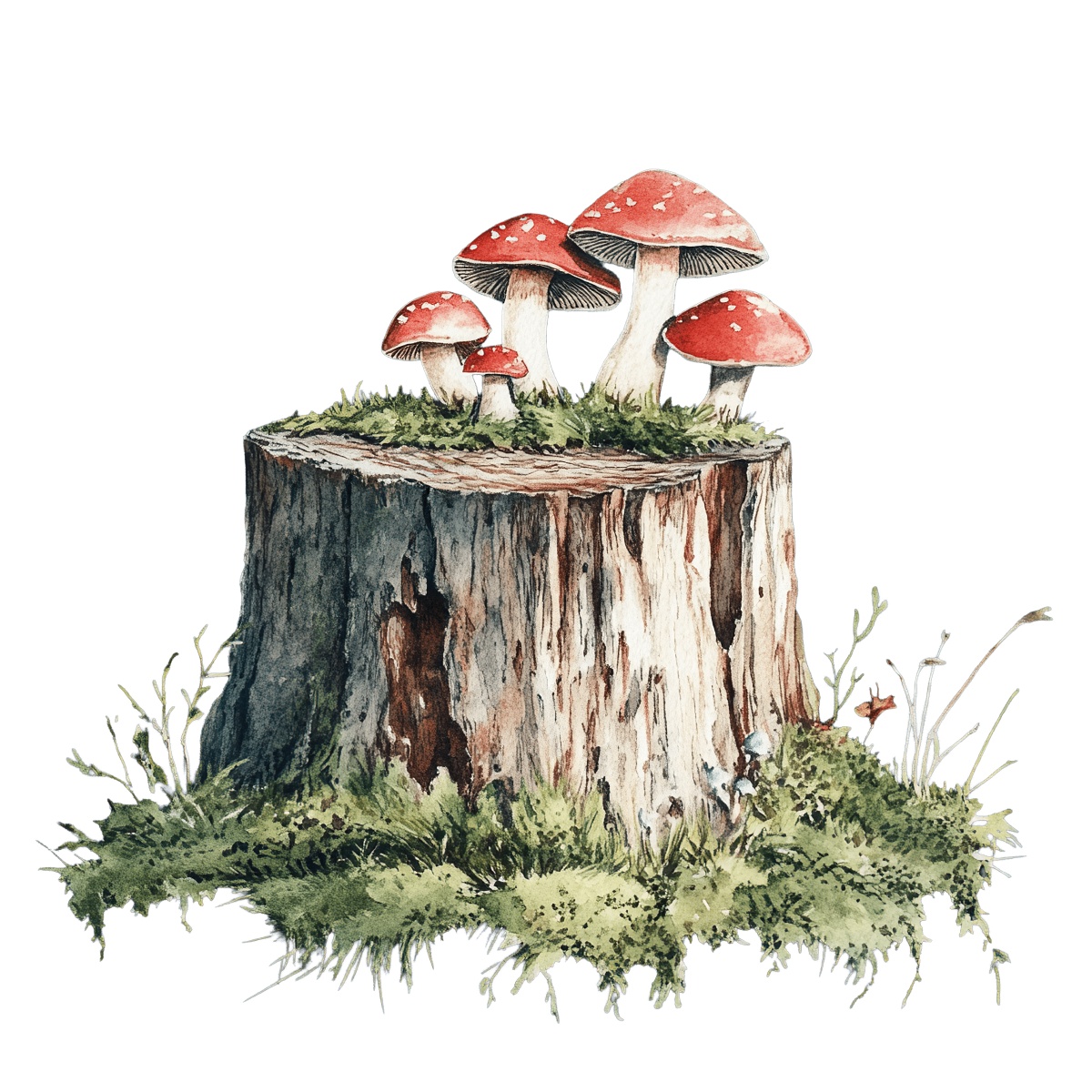 Red mushrooms growing on a tree stump surrounded by grass and moss.