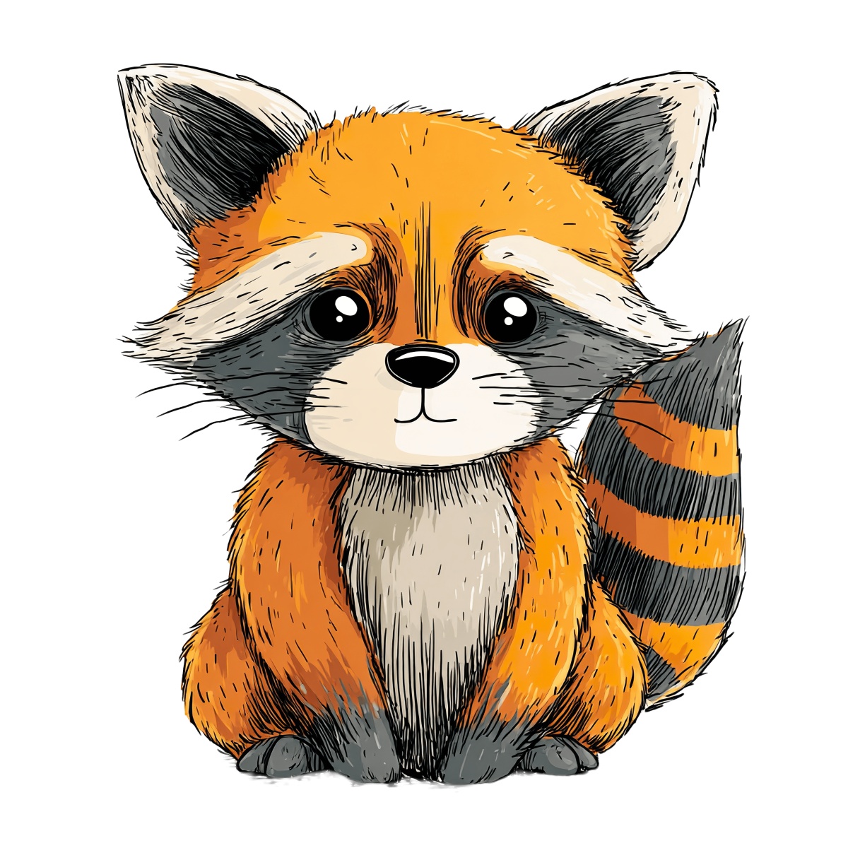 Red panda clipart with orange fur and a striped tail, digital illustration.