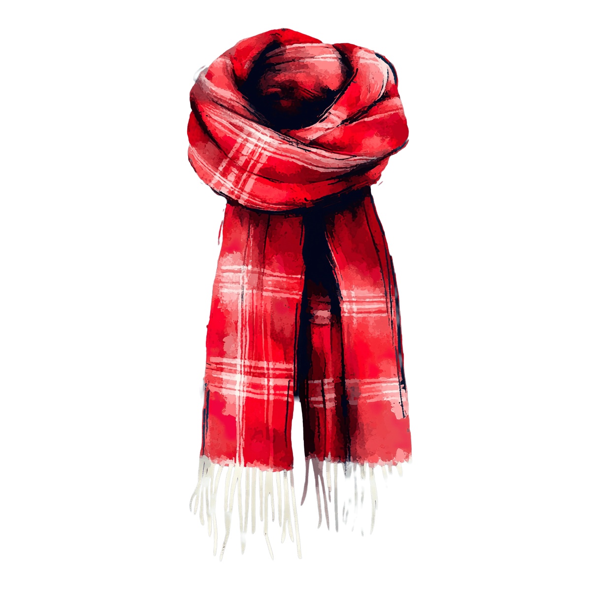 Red plaid scarf with fringes and detailed texture on a dark background.