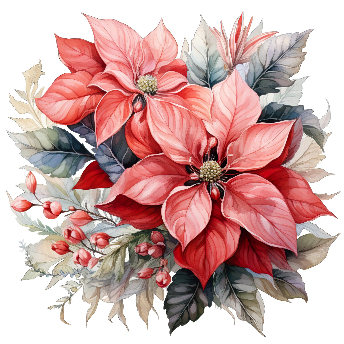 Red poinsettia surrounded by detailed leaves and berries in a floral design.