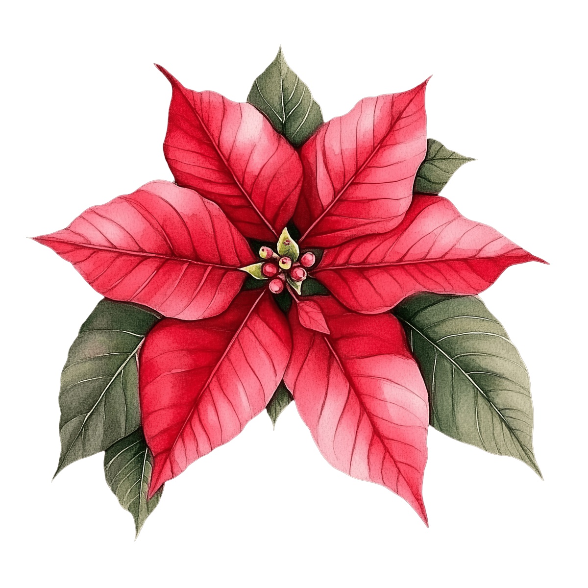 Red poinsettia flower with green leaves illustrated on a black background.
