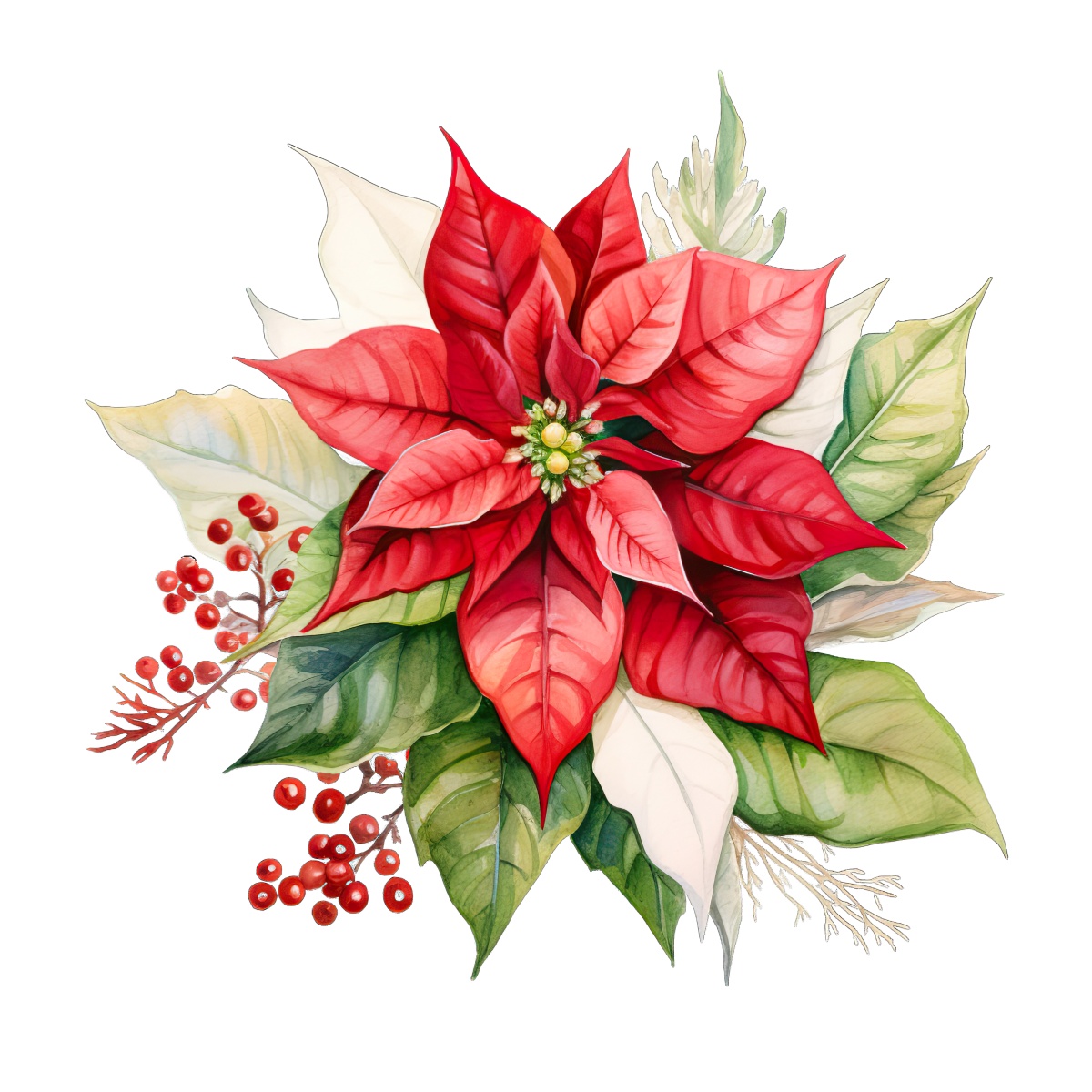 Red poinsettia with green and white leaves, ideal for holiday decoration.