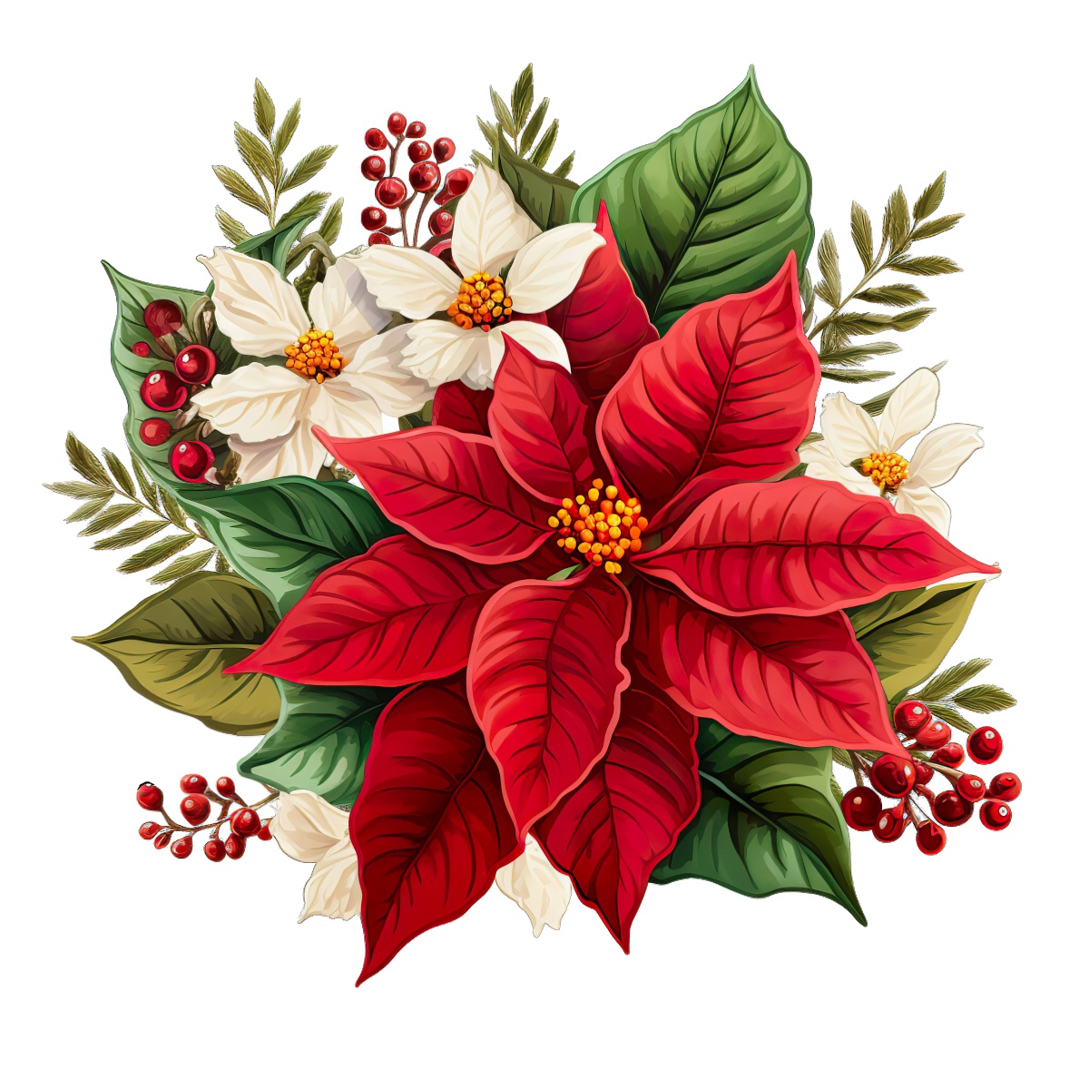 Illustration of red poinsettia with green leaves and white flowers and berries.